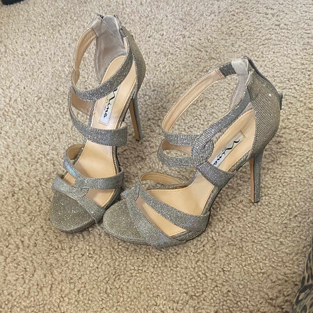 Nina Shimmering Silver Strappy Heels
